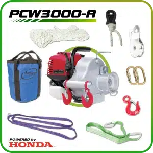 Kannettava polttomoottorivinssi Portable Winch PCW3000 varustepaketilla.