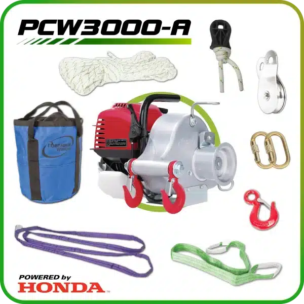 Kannettava polttomoottorivinssi Portable Winch PCW3000 varustepaketilla.