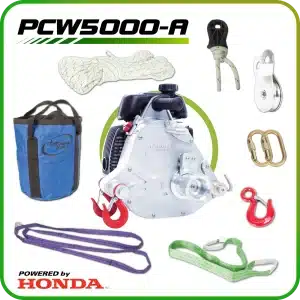 Kannettava polttomoottorivinssi Portable Winch PCW5000 tarvikepaketilla.