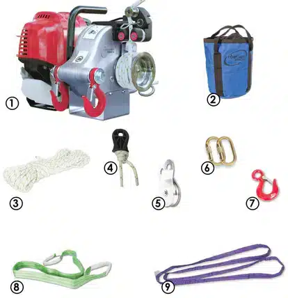 Portable Winch PCW4000-A vinssi-varustepaketin sisältö.